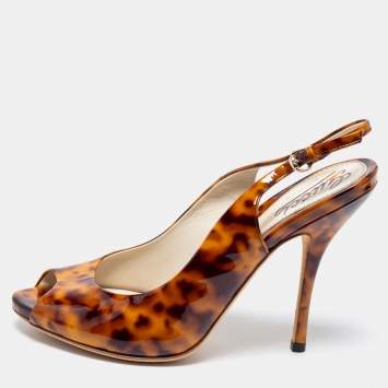 Pre Owned Gucci Two-Tone Animal Print Patent Leather Peep-Toe Slingback Sandals Size 37.5