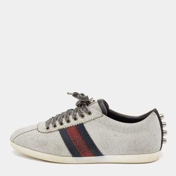 Pre Owned Gucci Metallic Silver Glitter Web Bambi Sneakers Size 37.5