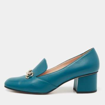 Pre Owned Gucci Blue Leather Horsebit Loafer Pumps Size 40