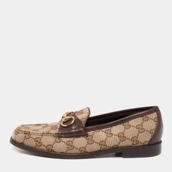 Pre Owned Gucci Brown/Beige GG Canvas And Leather Horsebit Web Slip On Loafers Size 37