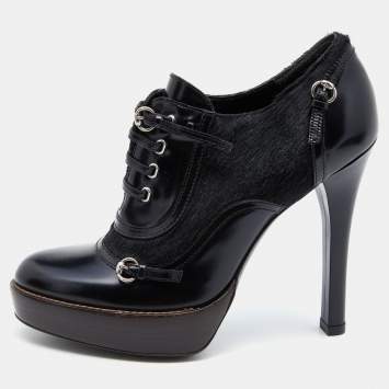 Pre Owned Gucci Black Leather And Pony Hair Buckle Detail Platform Ankle Booties Size 36