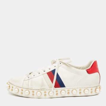 Pre Owned Gucci White Leather Pearl Studded Ace Low Top Sneakers Size 38