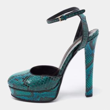 Pre Owned Gucci Green/Black Snakeskin Huston Ankle Strap Platform Sandals Size 38.5