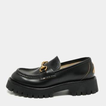 Pre Owned Gucci Black  Leather Harald Horsebit Platform Loafers Size 38