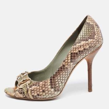 Pre Owned Gucci Beige/Green Python Horsebit Peep Toe Pumps Size 39