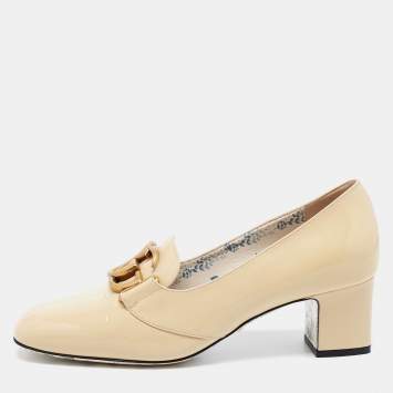 Pre Owned Gucci Beige Patent Leather Victoire GG Logo Block Heel Pumps Size 39.5