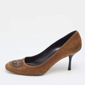 Pre Owned Gucci Brown Suede Interlocking G Round Toe Pumps Size 39.5