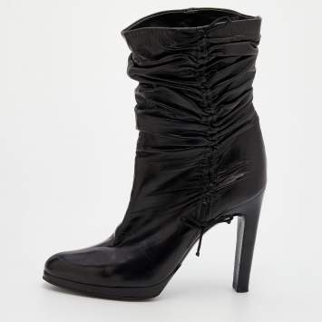 Pre Owned Gucci Black Pleated Leather Bow Ankle Boots Size 41
