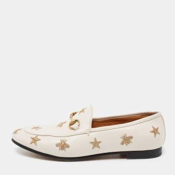 Pre Owned Gucci White Bee & Star Embroidered Leather Jordaan Loafers Size 38.5