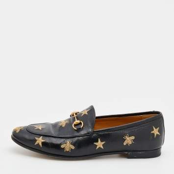 Pre Owned Gucci Black Leather Embroidered Bee Star Horsebit Slip On Loafers Size 39.5