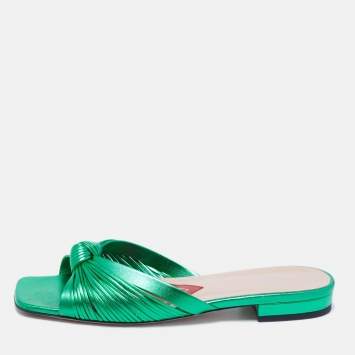 Pre Owned Gucci Metallic Green Leather Knotted Slide Flat Sandals Size 37.5