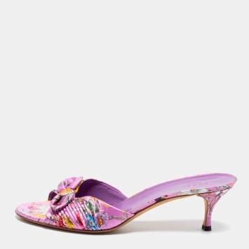 Pre Owned Gucci Purple Floral Print Satin Bow Slide Sandals Size 41