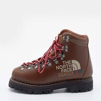 Pre Owned Gucci X The North Face Brown Leather Printed Hiking Ankle Boots Size 36.5