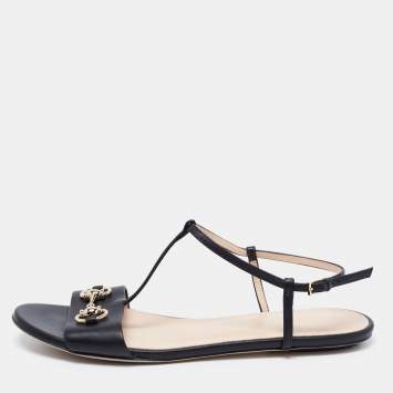 Pre Owned Gucci Black Leather Horsebit T-Strap Flats Size 39