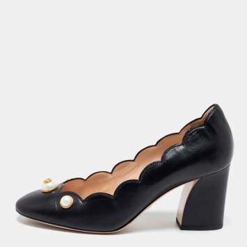 Pre Owned Gucci Black Scalloped Leather Pearl Embellished Willow Block Heel Pumps Size 37.5