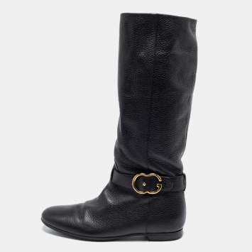 Pre Owned Gucci Black Leather Sachalin Interlocking Double G Riding Boots Size 37.5 