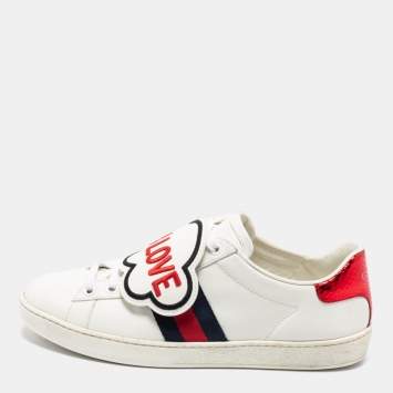 Pre Owned Gucci White Leather 'Blind For Love' Ace Low-Top Sneakers Size 38