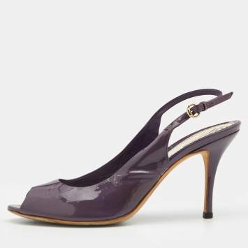 Pre Owned Gucci Purple Patent Leather Peep-Toe Slingback Sandals Size 38.5