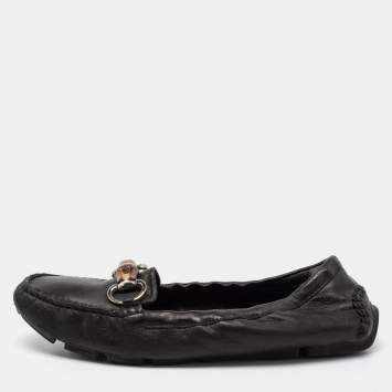 Pre Owned Gucci Black Leather Bamboo Horsebit Loafers Size 36.5