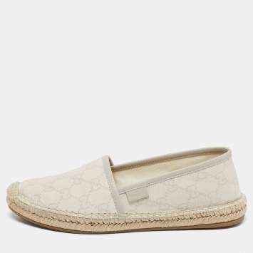 Pre Owned Gucci Cream/Grey GG Leather And Canvas Espadrille Flats Size 36.5