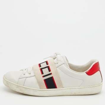 Pre Owned Gucci White/Red Leather New Ace Logo Strap Sneaker Size 35.5