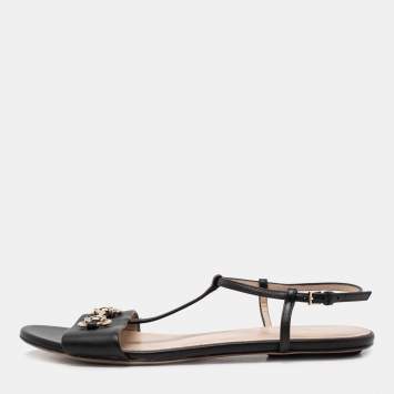 Pre Owned Gucci Black Leather Horsebit T-Strap Flat Sandals Size 38.5