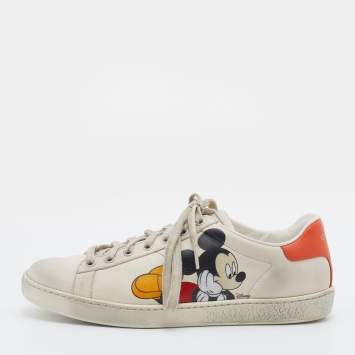 Pre Owned Gucci x Disney Ivory Leather Ace Mickey Mouse Low Top Sneakers Size 37.5