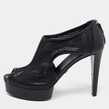 Pre Owned Gucci Black Perforated Leather Kim Peep-Toe Platform Ankle Booties Size 39.5