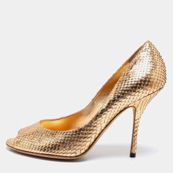 Pre Owned Gucci Metallic Copper Python Peep Toe Pumps Size 37.5