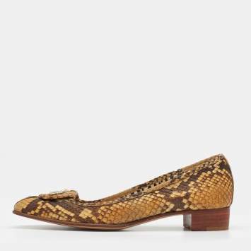 Pre Owned Gucci Beige/Brown Snakeskin Leather Interlocking G Ballet Flats Size 37