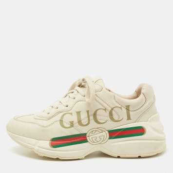 Pre Owned Gucci Cream Leather Rhyton Gucci Logo Lace Up Sneakers Size 38.5 