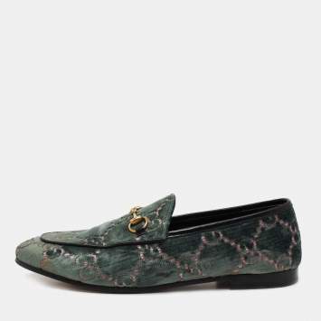 Pre Owned Gucci Green GG Velvet Jordaan Horsebit Slip On Loafers Size 40