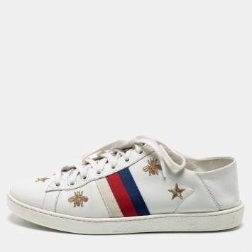 Pre Owned Gucci Off White Leather Ace Bee And Stars Embroidered Low Top Sneakers Size 39