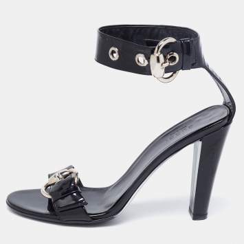 Pre Owned Gucci Black Patent Leather Buckle Detail Ankle Strap Sandals Size 38.5