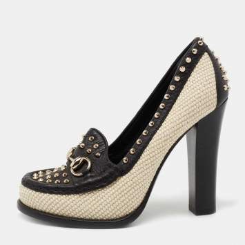 Pre Owned Gucci Black/Cream Leather and Straw Studded Horsebit Alyssa Loafer Pumps Size 36.5