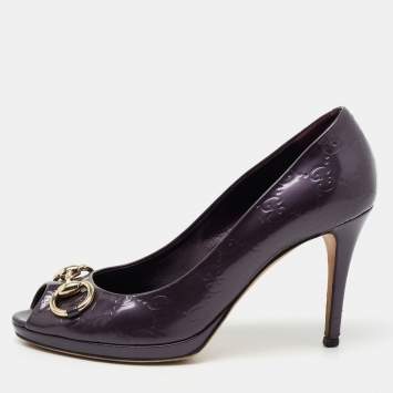Pre Owned Gucci Dark Purple Guccissima Patent Leather New Hollywood Horsebit Peep Toe Pumps Size 37.5