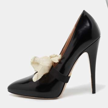 Pre Owned Gucci Black Patent Leather Elaisa Removable Pearl Bow Pumps Size 39