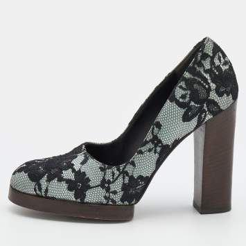 Pre Owned Gucci Black/Grey Floral Lace And Satin Block Heel Pumps Size 36