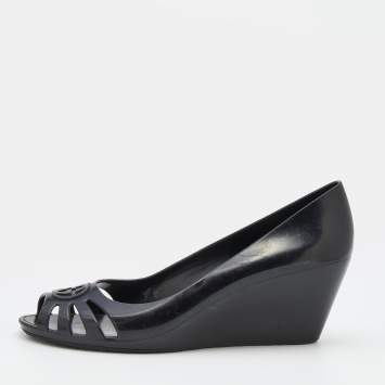 Pre Owned Gucci Black Jelly Interlocking GG Marola Peep Toe Wedge Pumps Size 38