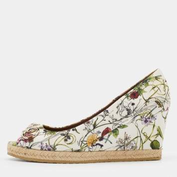 مملوكة مسبقًا  Gucci Multicolor Floral Print Canvas Horsebit Peep Toe Wedge Pumps Size 39.5