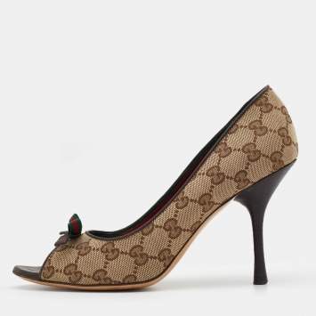 Pre Owned Gucci Beige/Brown GG Canvas And Leather Web Bow Peep Toe Pumps Size 38
