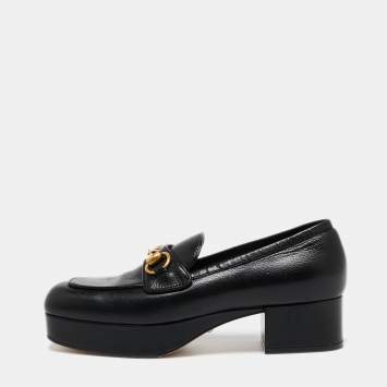 Pre Owned Gucci Black Leather 1953 Horsebit Platform Moccasin Size 37.5