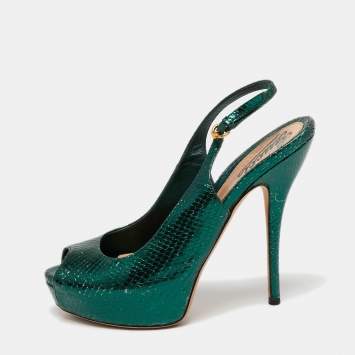 Pre Owned Gucci Metallic Green Snakeskin Embossed Leather Sofia Platform Slingback Sandals Size 36.5