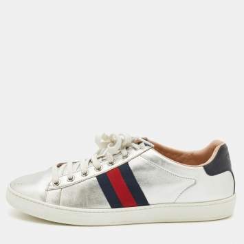 Pre Owned Gucci Silver Leather Ace Web Low Top Sneakers Size 39
