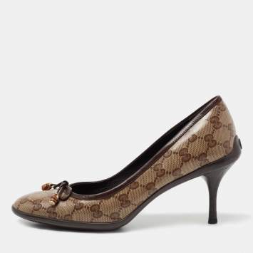 Pre Owned Gucci Brown/Beige GG Crystal Canvas Bow Round Toe Pumps Size 40
