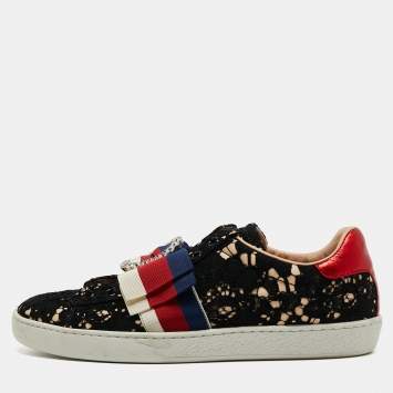 Pre Owned Gucci Black Lace and Satin Web Crystal Embellished Low Top Sneakers Size 37