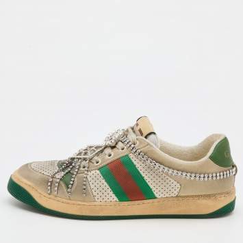 Pre Owned Gucci Off White Nubuck Leather Screener Removable Crystal Sneakers Size 39