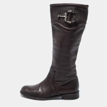 Pre Owned Gucci Dark Brown Leather Horsebit Calf Length Boots Size 38.5