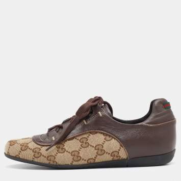 Pre Owned Gucci Beige/Brown GG Canvas and Leather Web Sneakers Size 35
