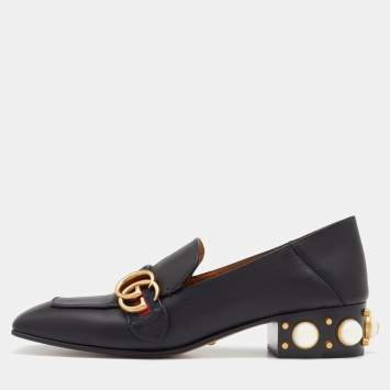 Pre Owned Gucci Black Leather Web Interlocking G Embellished Mid Heel Loafers Size 39